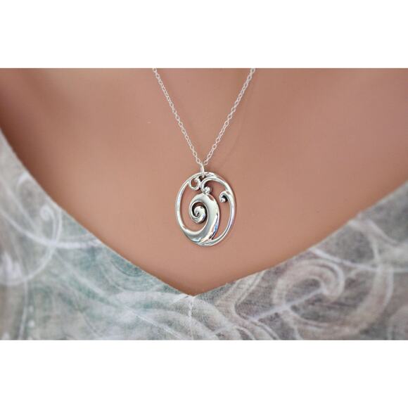 Sterling Silver Openwork Wave Pendant Necklace - Picture 1 of 7